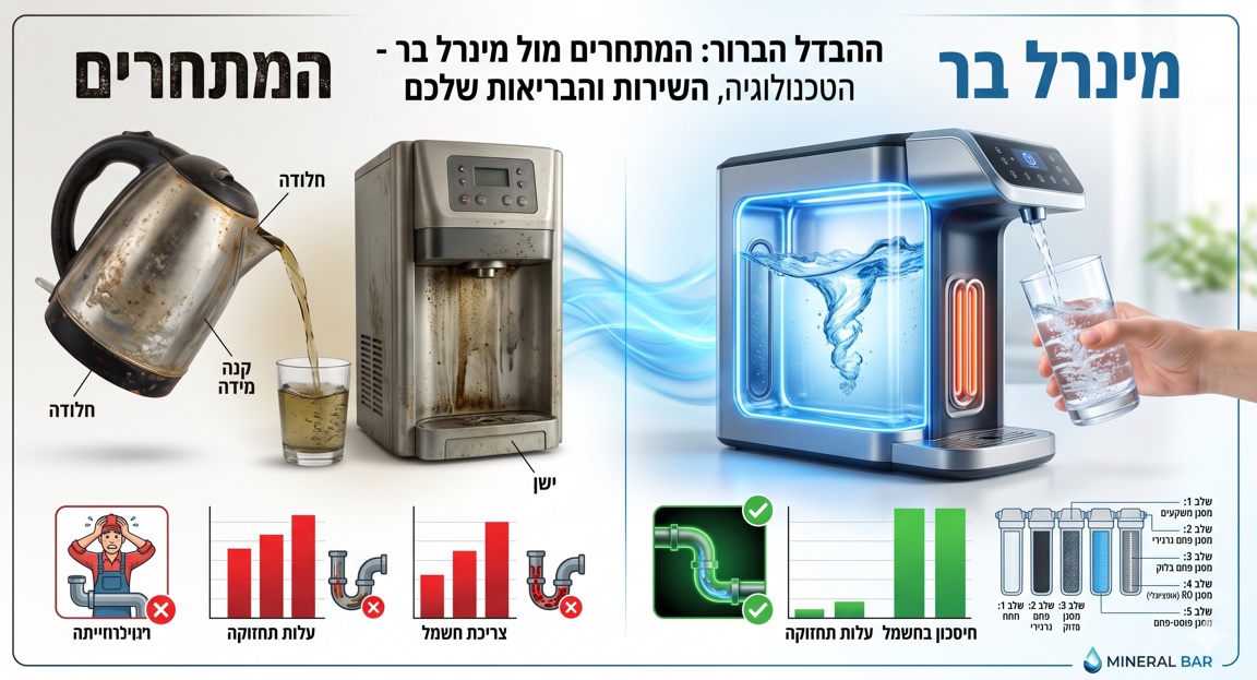 "אינפוגרפיקה השוואתית בין מינרל בר לבין חברות ברי מים בישראל כמו תמי 4, צלול, אפיקים, לגונה, הדס מים וגורדון מים